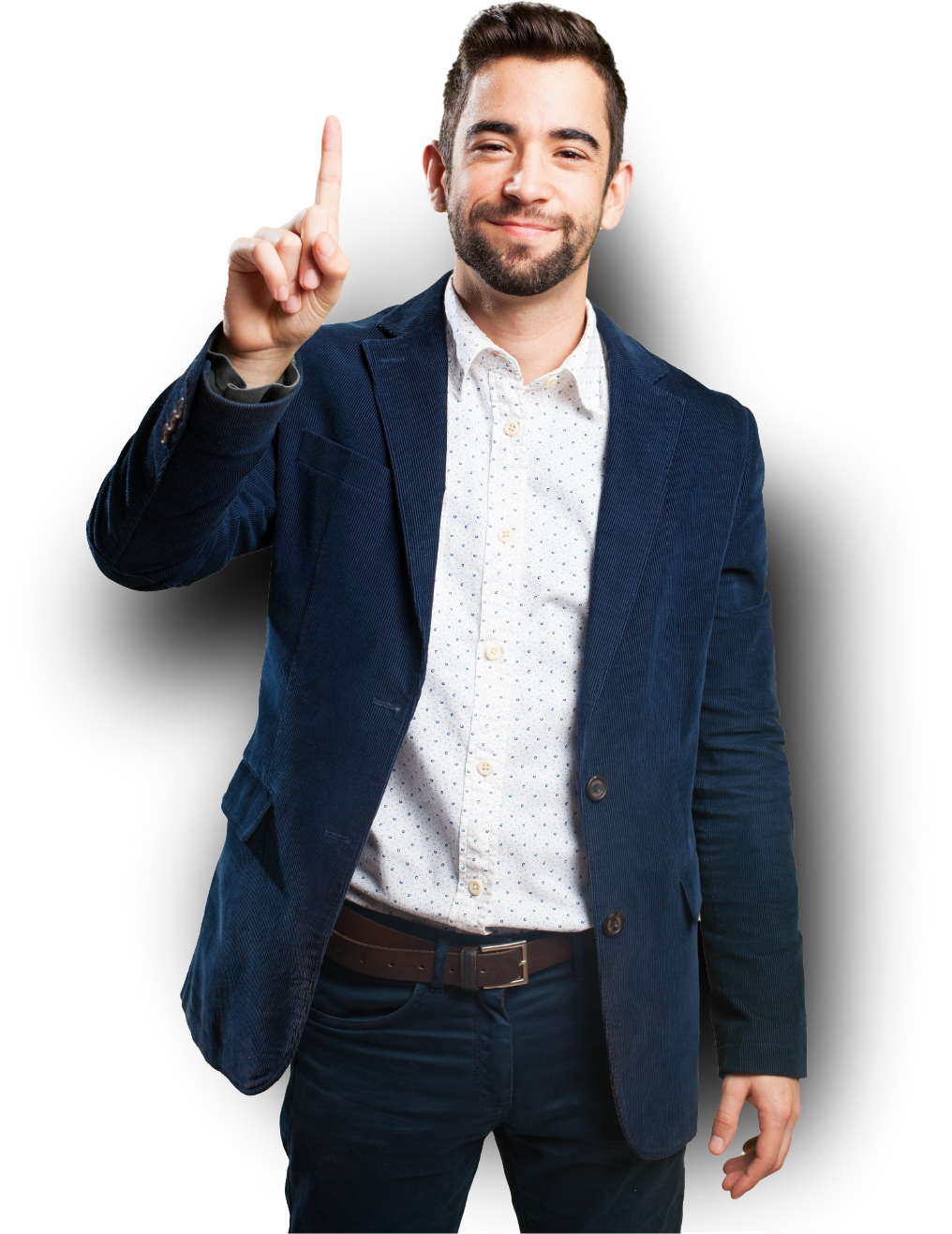 A person smiling and raising his thumb